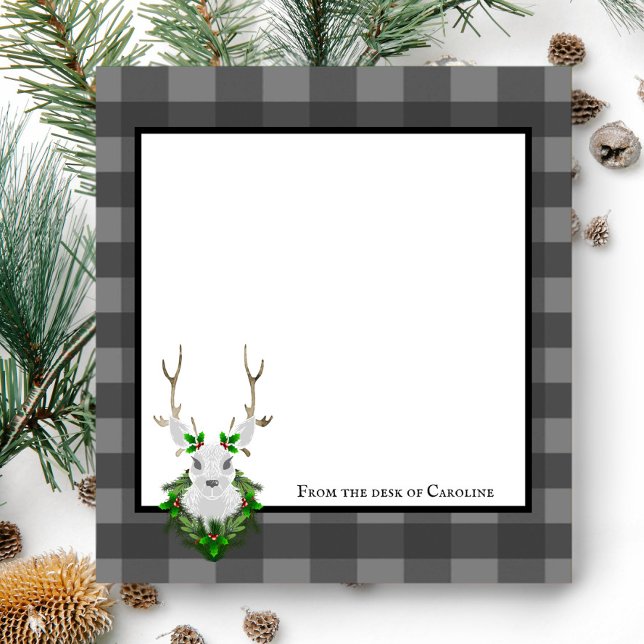 Festive Reindeer Buffalo Plaid Personalised Notepad (Gray Festive Reindeer Buffalo Plaid Personalized Notepad)