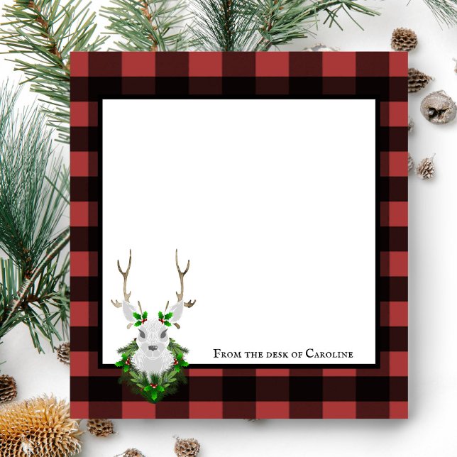 Festive Reindeer Buffalo Plaid Personalised Notepad (Black and Red Festive Reindeer Buffalo Plaid Personalized Notepad)