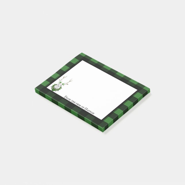 Festive Reindeer Buffalo Plaid Personalised Post-it Notes (Angled)