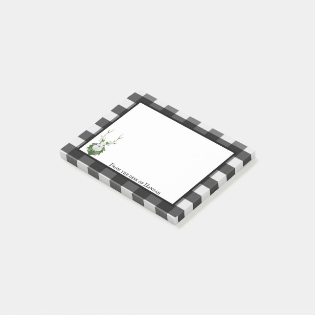 Festive Reindeer Buffalo Plaid Personalised Post-it Notes (Angled)