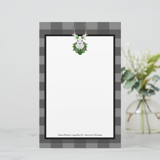 Festive Reindeer Buffalo Plaid Personalised Stationery (Standing Front)