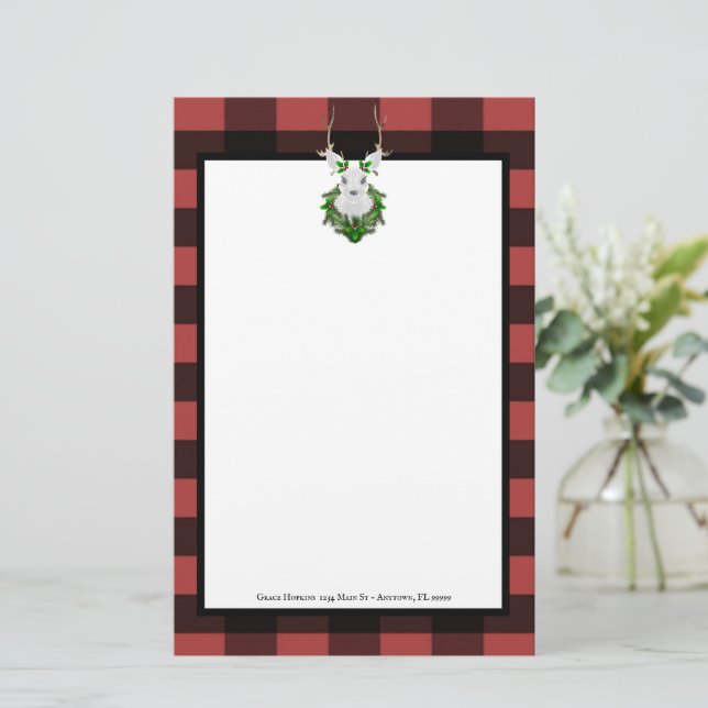 Festive Reindeer Buffalo Plaid Personalised Stationery (Standing Front)
