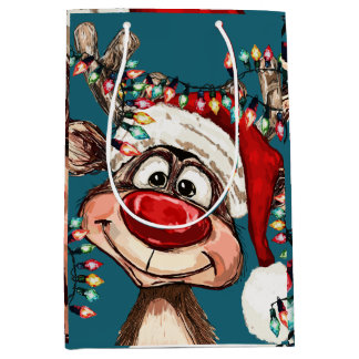 Festive Reindeer Christmas Shower Curtain Medium Gift Bag