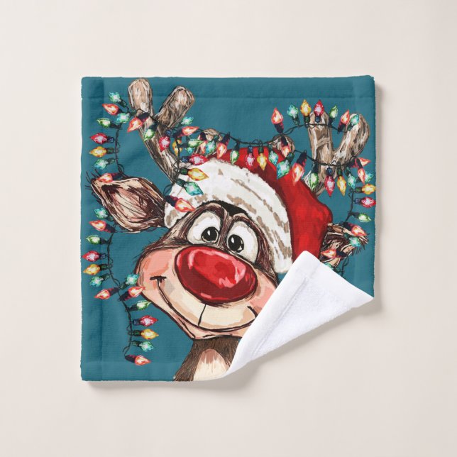 Festive Reindeer Christmas Shower Curtain Wash Cloth (Wash Cloth)