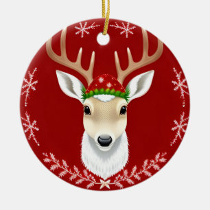 🎄 Festive Reindeer Glow ❄️ Red Winter Holiday Ceramic Tree Decoration