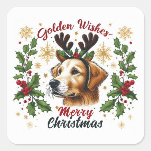 Festive Reindeer Golden Retriever Dog Christmas Square Sticker
