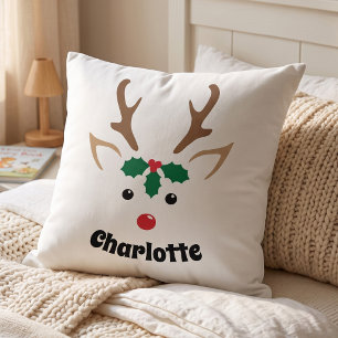 Festive Reindeer Holiday Decor Custom Kids Name Cushion