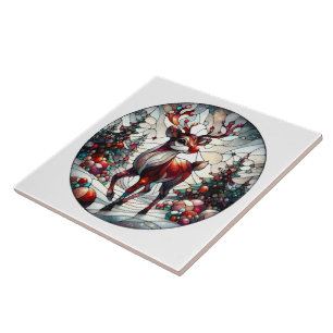 Festive reindeer in a whimsical winter landscape tile