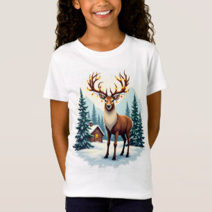 Festive Reindeer in Snowy Cabin Woods T-Shirt