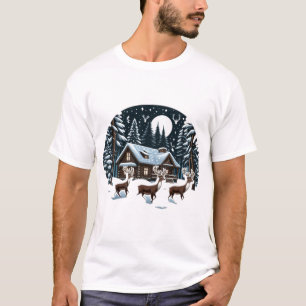 Festive Reindeer in Snowy Cabin Woods T-Shirt