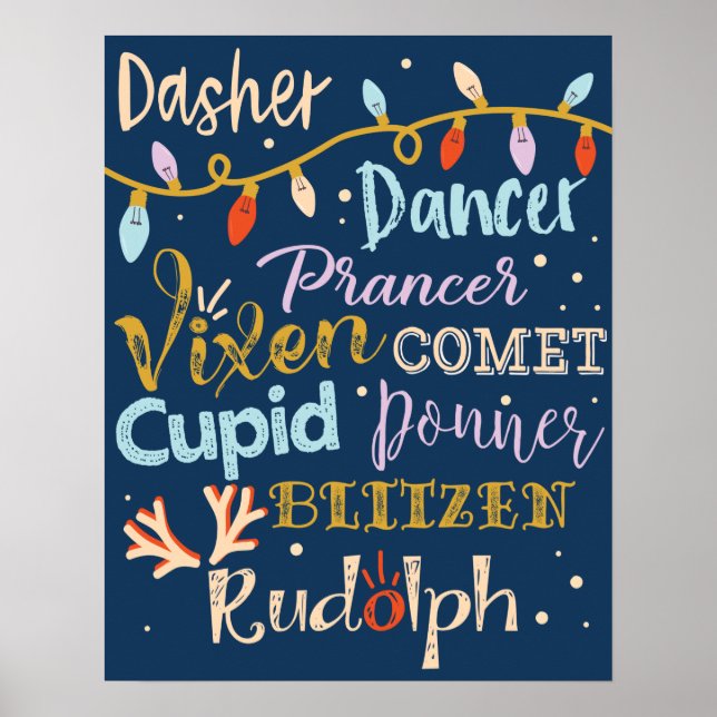 Festive Reindeer & Lights Typographic Christmas Poster (Front)