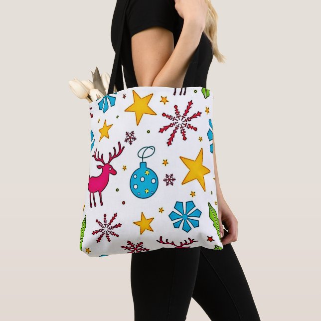 Festive Reindeer Magic Pattern Design Tote Bag (Close Up)