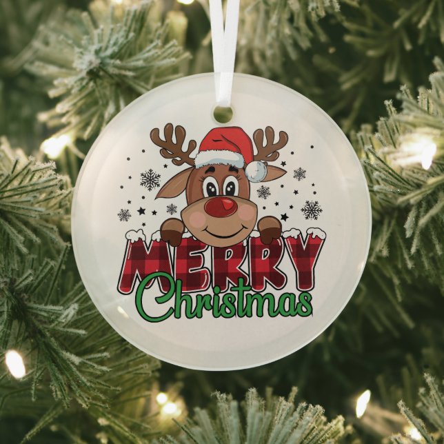 Festive Reindeer, Merry Christmas Glass Tree Decoration (Insitu)