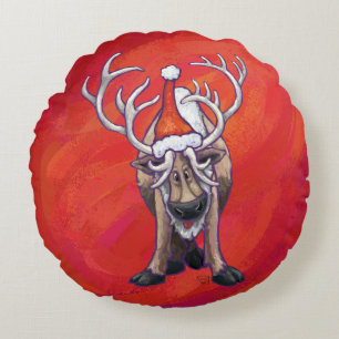 Festive Reindeer On Red and Green Round Cushion