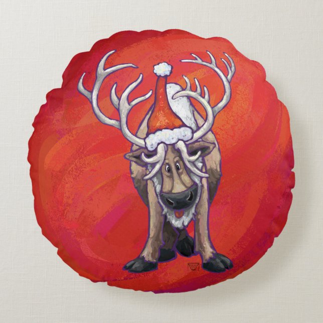 Festive Reindeer On Red and Green Round Cushion (Front)