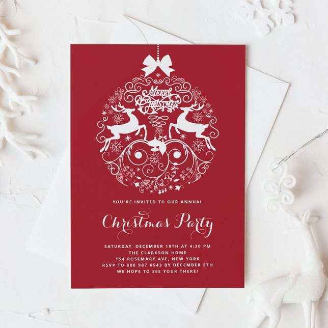 Festive Reindeer Ornament Red Christmas Party Invitation (Creator Uploaded)