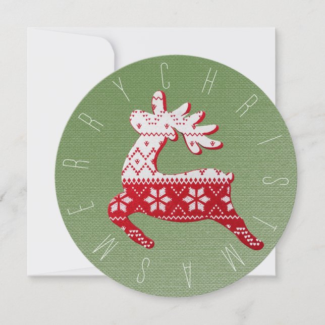 Festive Reindeer Red/White/Green Christmas Knit  Holiday Card (Front)