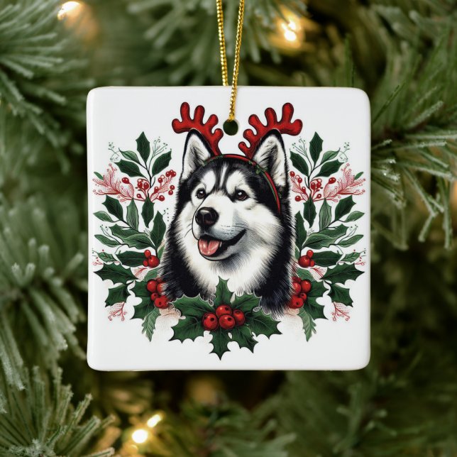 Festive Reindeer Siberian Husky Dog Christmas Ceramic Ornament (Tree)