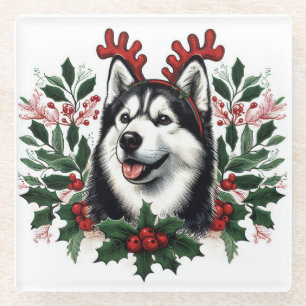 Festive Reindeer Siberian Husky Dog Christmas Glass Coaster