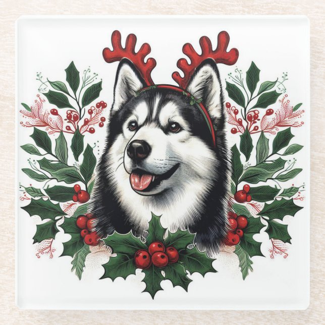 Festive Reindeer Siberian Husky Dog Christmas Glass Coaster (Front)
