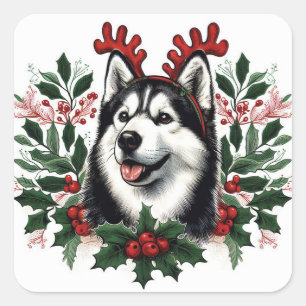 Festive Reindeer Siberian Husky Dog Christmas Square Sticker