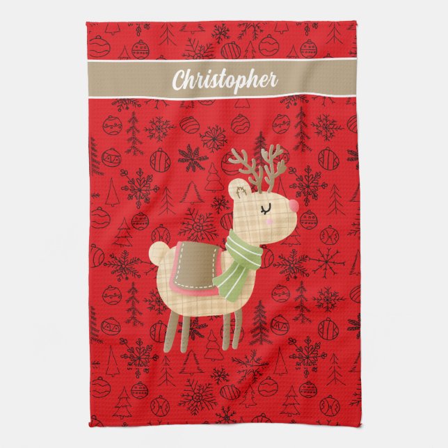 Festive Reindeer tea towel - custom monogram (Vertical)