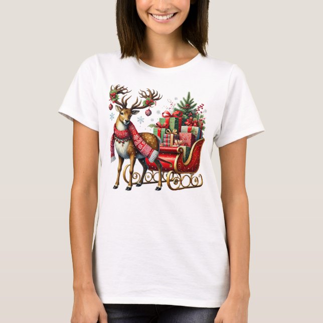 Festive Reindeer with Christmas Sleigh and Gifts T-Shirt (Front)