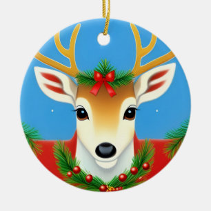 Festive Reindeer with Holiday Wreath Ceramic Tree Decoration