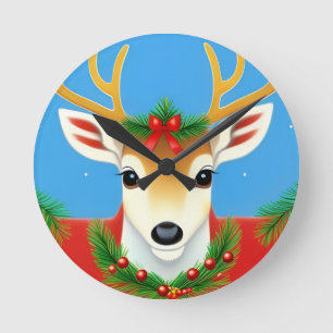 Festive Reindeer with Holiday Wreath Round Clock