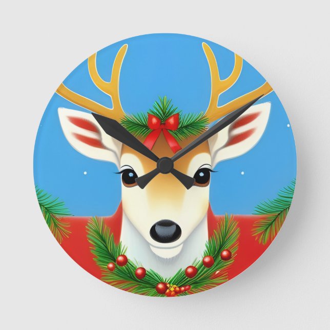 Festive Reindeer with Holiday Wreath Round Clock (Front)
