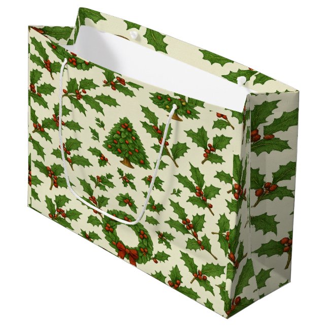 Festive Repeating Christmas Pattern Holly & Wreath Large Gift Bag (Front Angled)