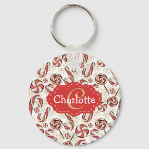 Festive Retro Candy Canes Pattern Monogram Key Ring