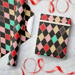 Festive Retro Christmas Diamond Pattern Wrapping Paper<br><div class="desc">Fun and elegant retro diamond seamless pattern in red,  aqua green and soft pink,  beige,  dark brown with faux gold border on black background,  for the holiday season gift wrapping,  birthday,  baby shower or any other occasion.</div>