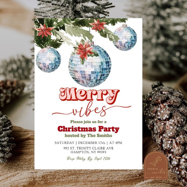 Festive Retro Christmas Discoball Party Invitation (Creator Uploaded)