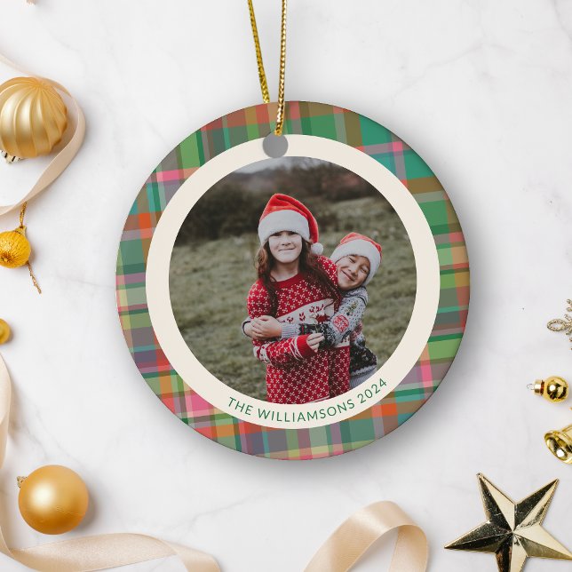 Festive Retro Christmas Plaid Cute Preppy Photo  Ceramic Tree Decoration (Creator Uploaded)