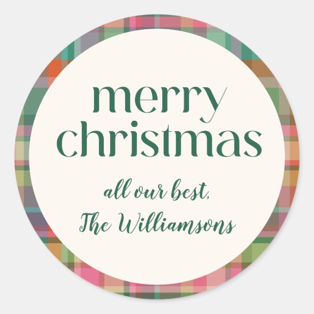 Festive Retro Christmas Plaid Cute Preppy Script Classic Round Sticker (Front)