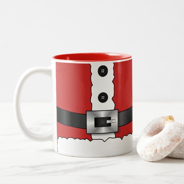 Festive Retro christmas red suit  Santa Claus Two-Tone Coffee Mug (With Donut)