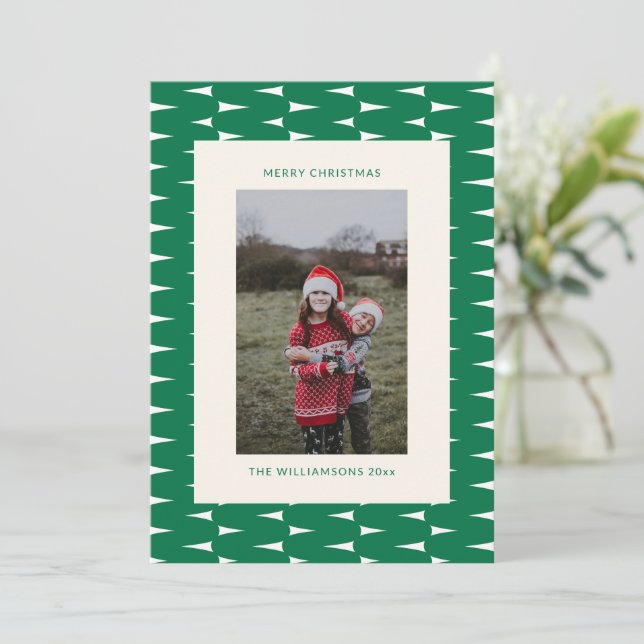 Festive Retro Green Wavy Lines Christmas Photo Holiday Card (Standing Front)