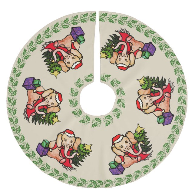 Festive Retro Merry Christmas Santa Elephants Brushed Polyester Tree Skirt (Front)