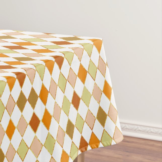 Festive Retro Orange Beige Diamond Pattern Tablecloth (In Situ)