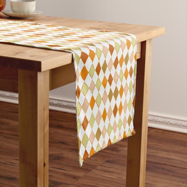 Festive Retro Orange Beige White Diamond Pattern Short Table Runner (In Situ)
