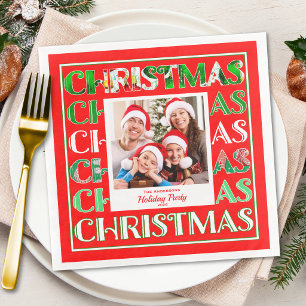 Festive Retro Red Christmas Family Photo Napkin