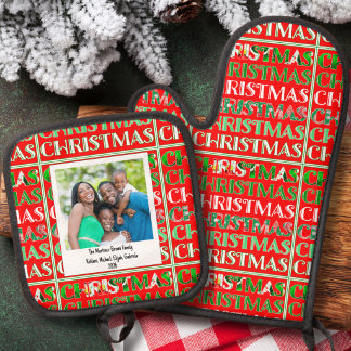 Festive Retro Red Green Christmas Photo Oven Mitt & Pot Holder Set