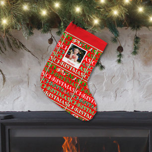 Festive Retro Red Photo Name Small Christmas Stocking