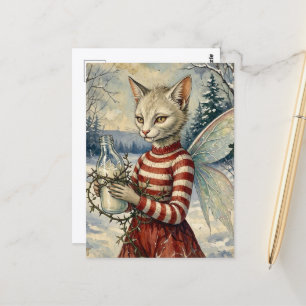 Festive Retro Vampire Cat Fairy With Milk Postcard