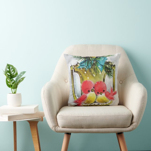 festive retro vintage Christmas birds Cushion (Chair)