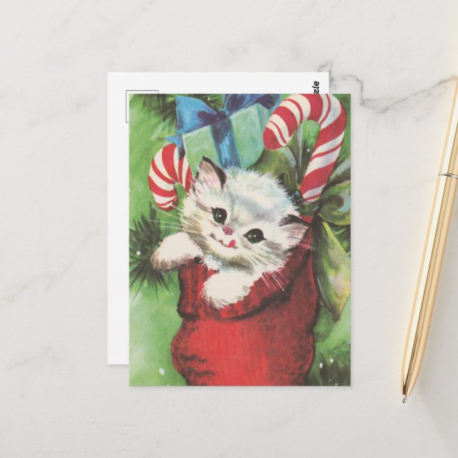 festive retro vintage Christmas cat Postcard (Front/Back In Situ)