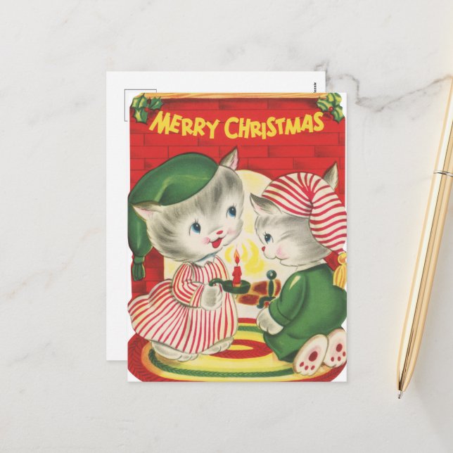 festive retro vintage Christmas cats Holiday Postcard (Front/Back In Situ)