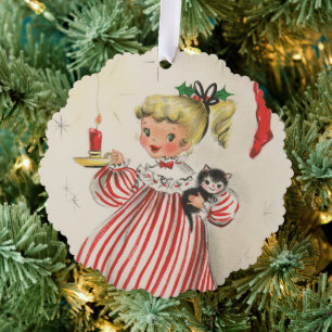 festive retro vintage Christmas girl add message Tree Decoration Card
