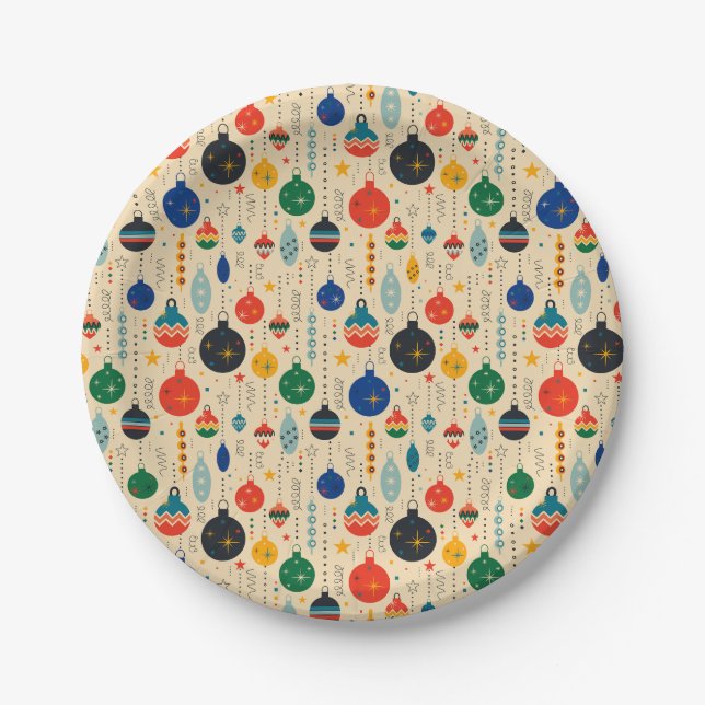 Festive Retro Vintage Christmas Ornaments  Paper Plate (Front)